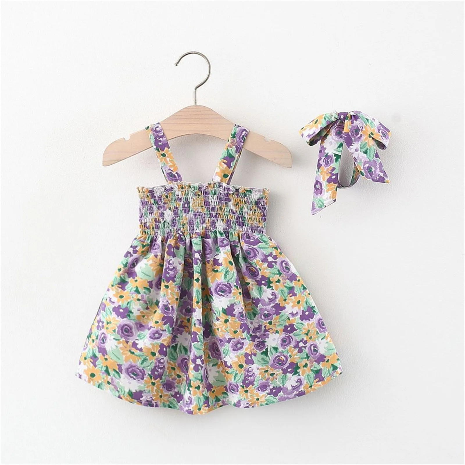 

1 to 4 Years Toddler Kids Girls Dress Summer Clothing Casual Sleeveless Sling Floral Dress Girls Princess Dresses+Hairband Sets