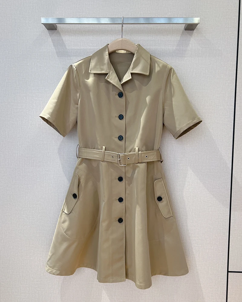 

2022 Early Autumn Short Sleeve Suit Fashion Elegant Women Dress beige Lapel Collar With Belt Button Opening And Closing Dress