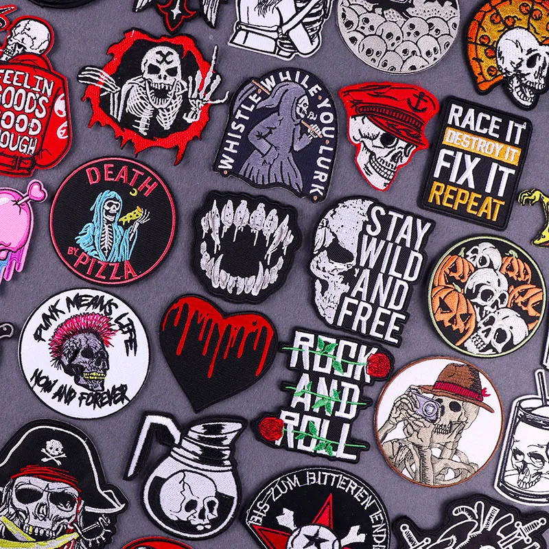 

Skull Patch Embroidery Patches Iron On For Clothing Theroadhesive Patch On Clothes Hippe Letter Badge Stickers Stripe For Jacket