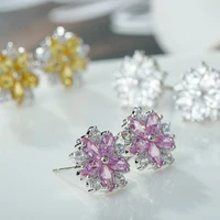 925 sterling silver female sweet earring pink white crystal cherry blossom elegant cute earring for woman girl party jewelry