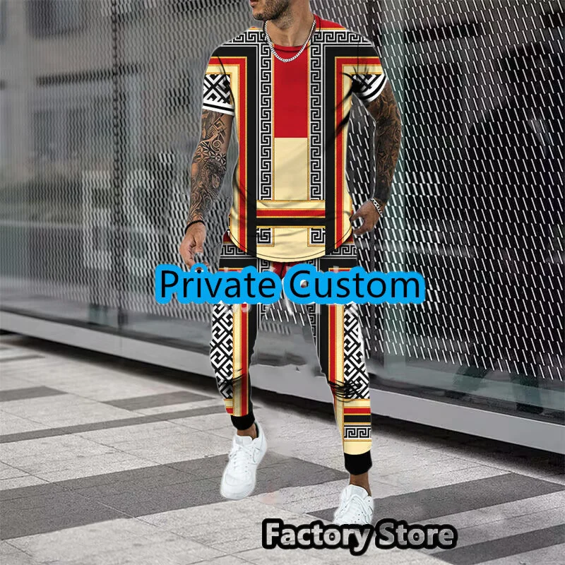 Men's Streetwear Short Sleeve T-shirt O Neck 2 Piece Summer Pant Suit Oversized Jogging Outfit Vintage  Male Tracksuit Clothing