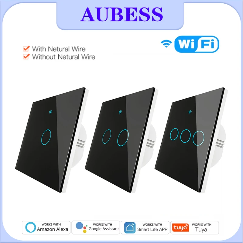 

Умный сенсорный светильник ель Aubess Tuya, Wi-Fi, с/без нейтрального провода, стеклянный настенный выключатель европейского стандарта для Alexa Google ...