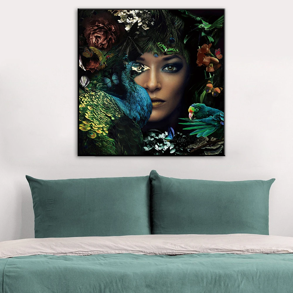 

Peacock Bird Flower Woman Portrait Poster Print Canvas Painting Modern Wall Art Nature Picture for Living Room Home Decor Cuadro