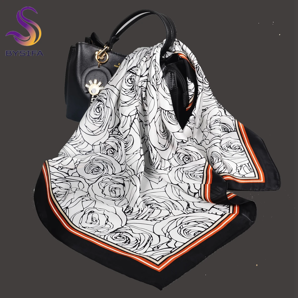 Женский шёлковый шарф BYSIFA черно-белый квадратный с принтом розы аксессуар для