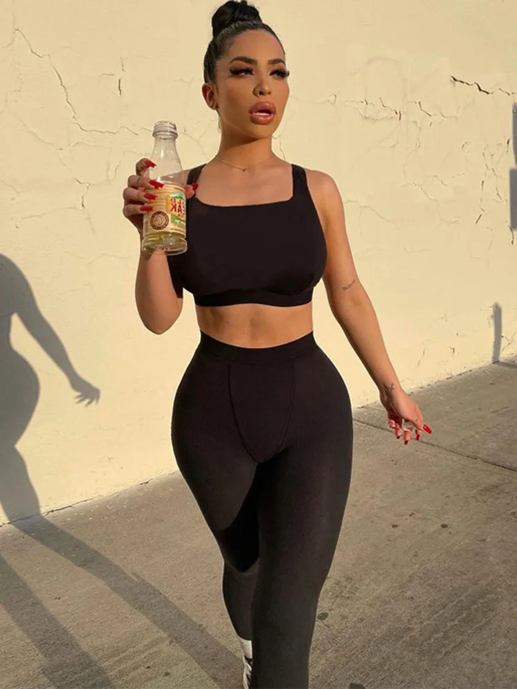 Спортивный костюм из двух предметов повседневный трикотажный топ в рубчик с