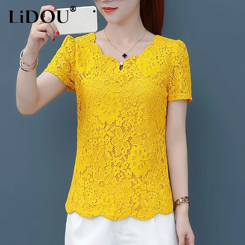 

Summer Lace Short Sleeve T-shirt 2023 Women Lotus Collar Solid Color Ruffles Embroidered Flares Pullovers Ladies Elegance Tops