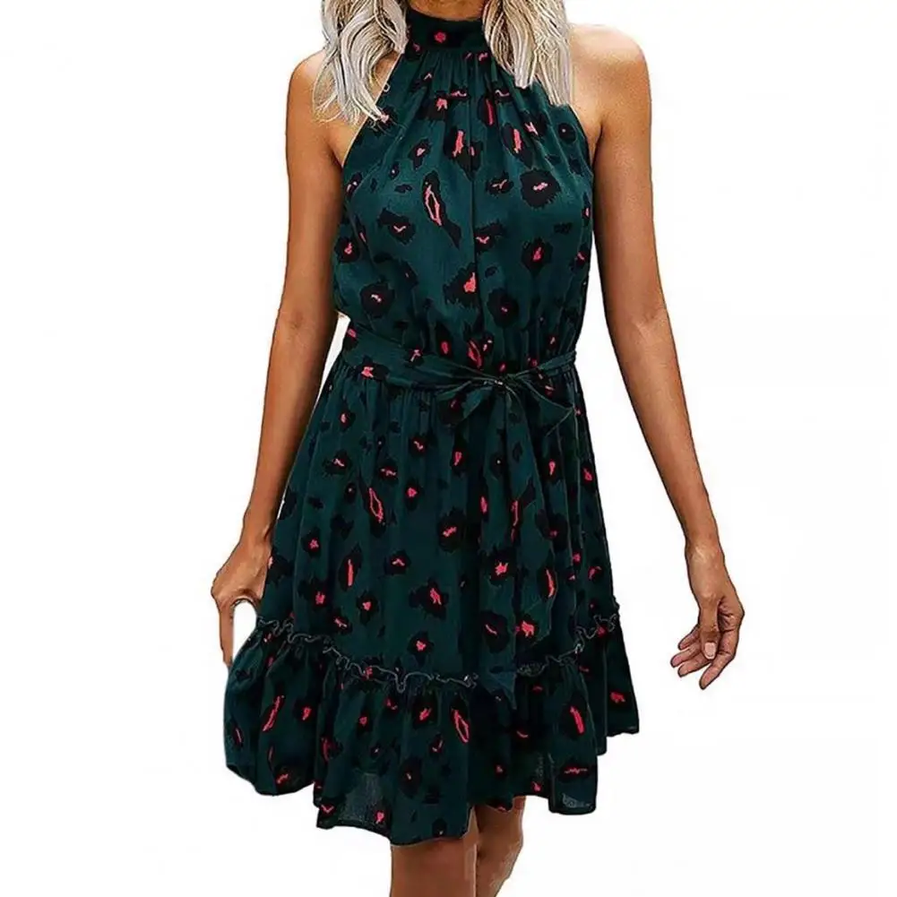 

Off Shoulder Belt Ruffle Flowy Hem Mini Dress Floral Print Sleeveless Halter Black Dress Streetwear Casual Women's Clothing
