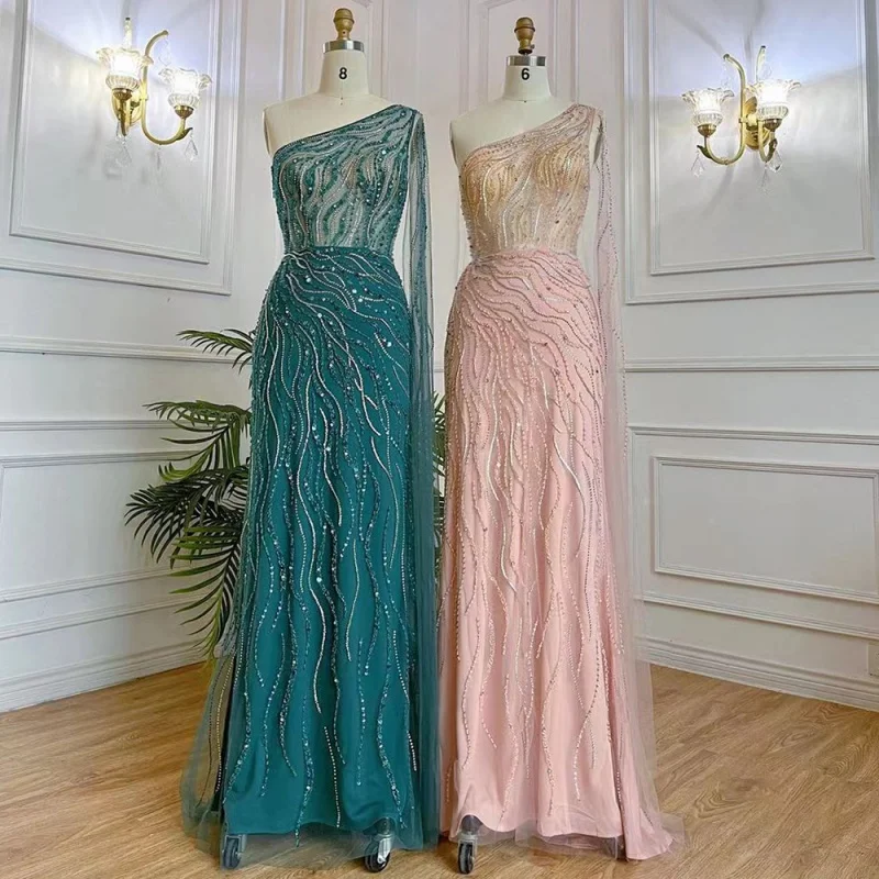 

Arabic Pink Mermaid Elegant One Shoulder Beaded Long Evening Dresses Customized OEM/ODM Party Gowns 2023 For Women