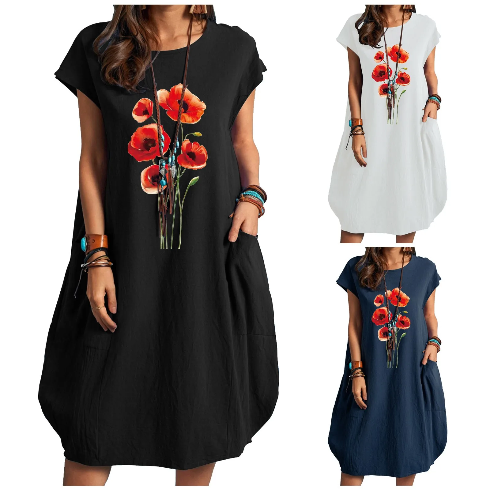 

Women Rose Printed Loose Short Sleeve Dress Summer Round Neck Dresses With Pocket Cotton Linen Knee Length Midi Sundress