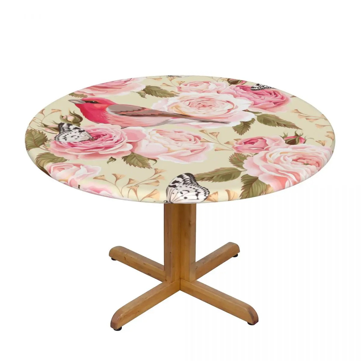 

Round Table Cover for Dining Table Elastic Tablecloth Roses Birds Butterflies Fitted House Hotel Decoration