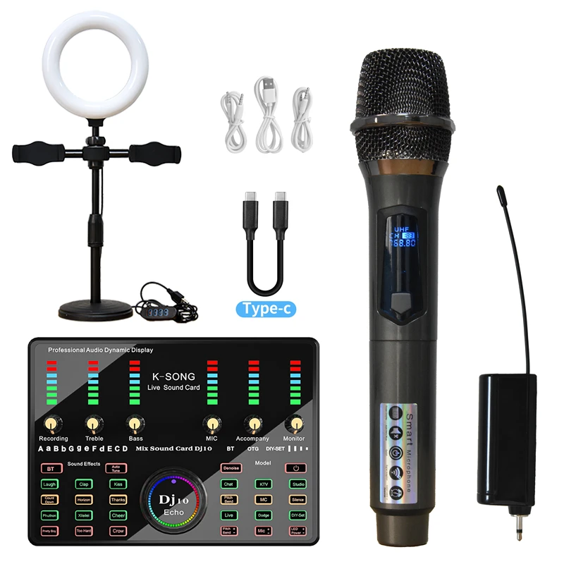 Беспроводной караоке-микрофон Bm 800 с звуковой картой и кольцевой подсветкой для прямой трансляции на ПК, телефоне, пения в играх, на YouTube и TikTok.