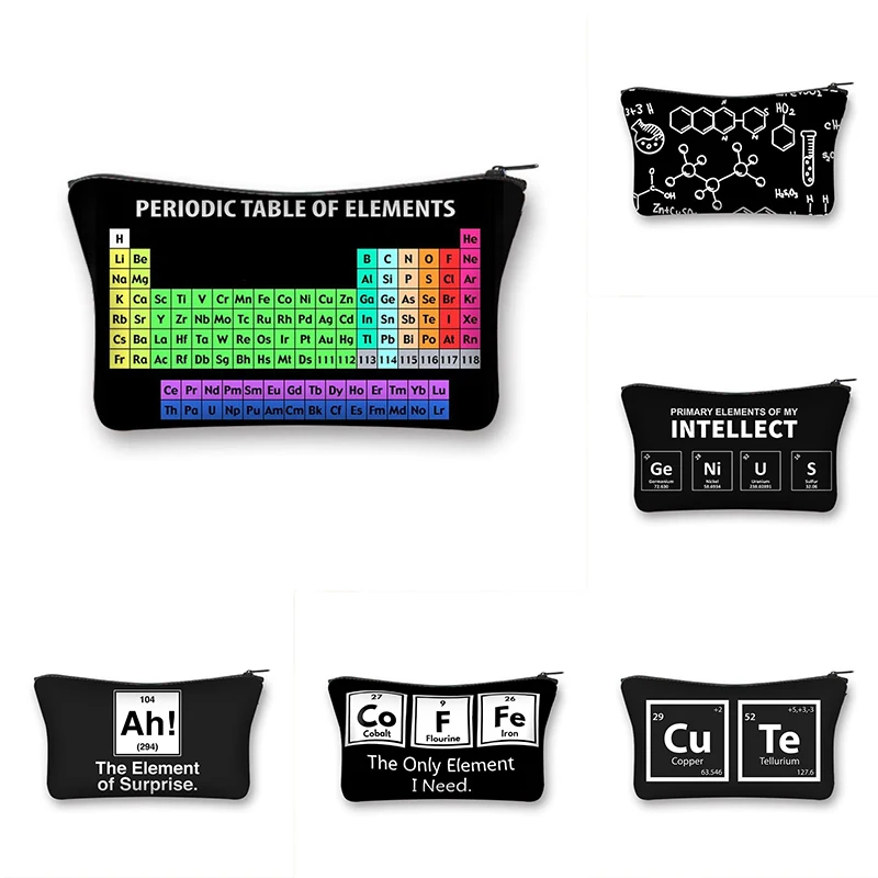 

Cosmetics Bag Periodic Table of Elements Print Makeup Pouch Female Letters Zipper Lipstick Toiletry Organizer Case New Arrival