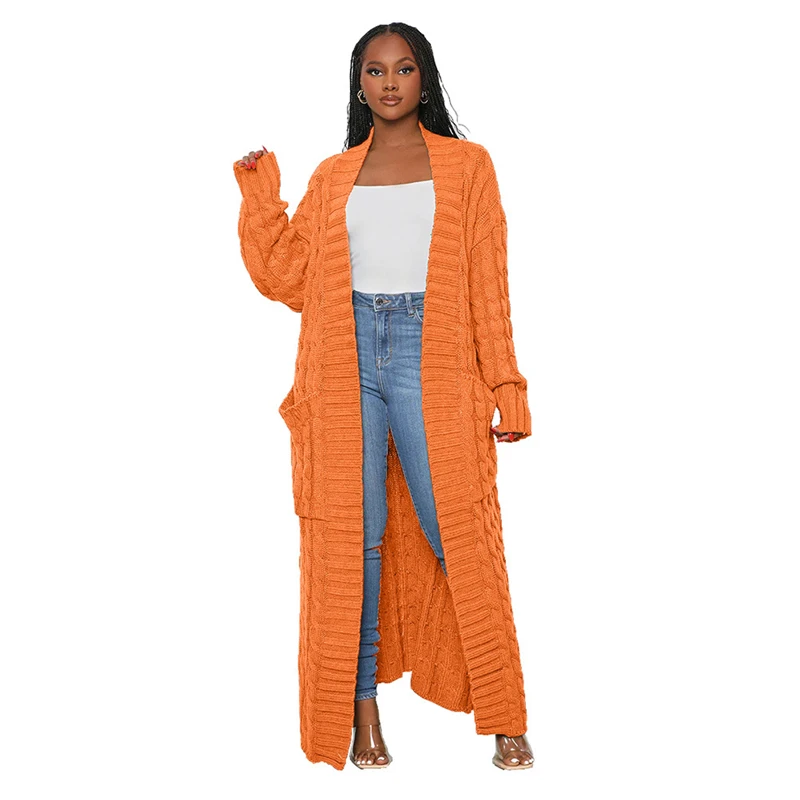 

Sunny Solid Knitted Sweaters Cardigan Women Twist Braid Full Sleeve Open Stitch Pockets Loose Casual Extra Long Coat Jackets