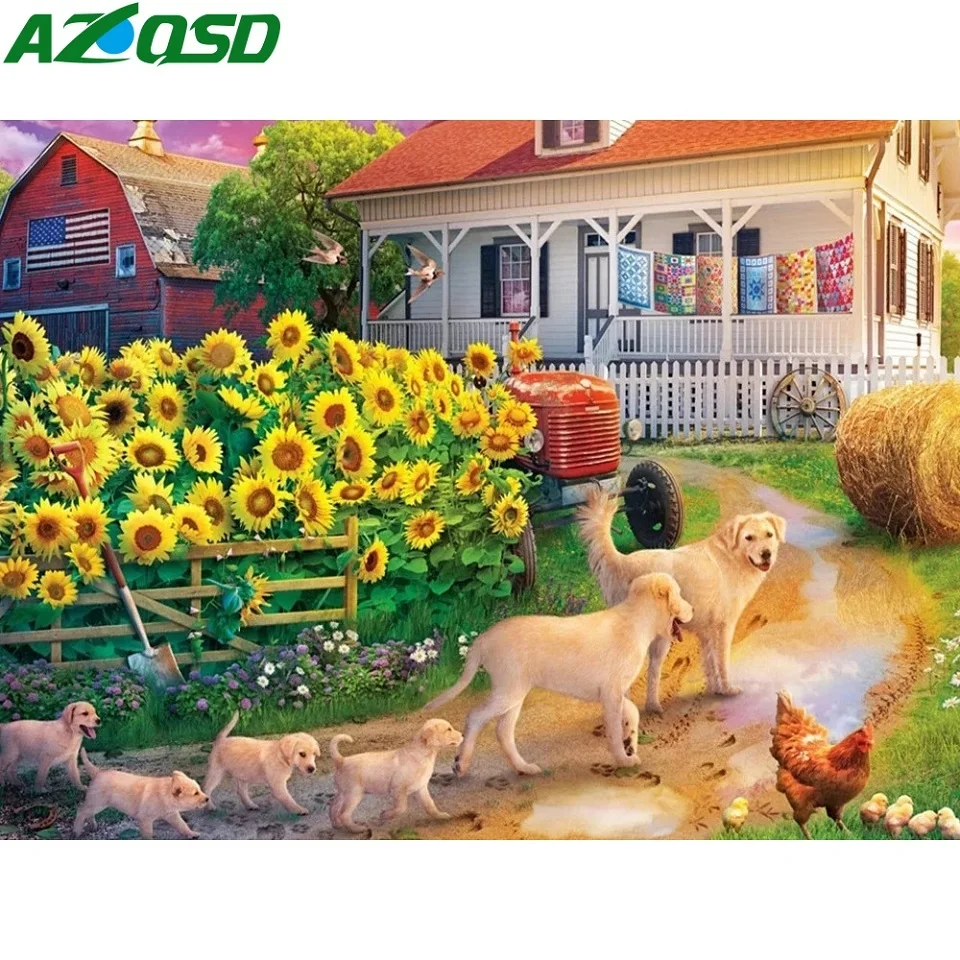 

AZQSD 5D Вышивка дом стразами Стразы картина алмазное Рисование Подсолнечник собака сад полный квадрат Новое поступление рукоделие