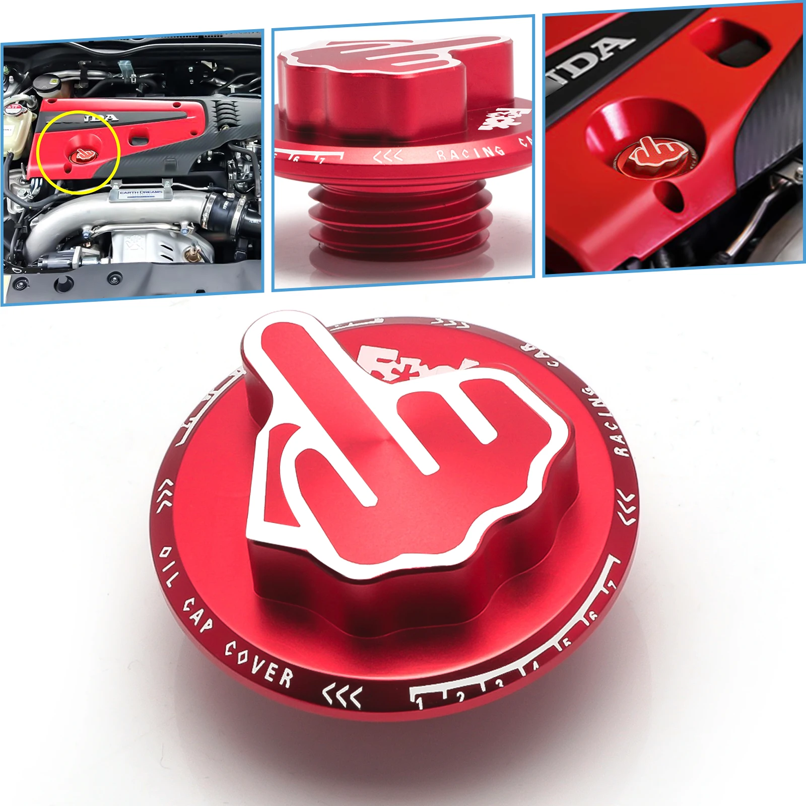 

JDM RED Aluminum Screw-In Middle Finger Car Engine Oil Filler Tank Cap Valve Cover For Honda Acura Most Models