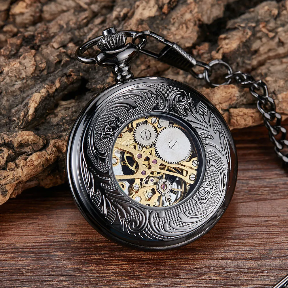 Black Hollow Flowers Smooth Mechanical Pocket Watch Men Skeleton Steampuk Hand Wind Pendant Clock Chain With Arabic Numerals