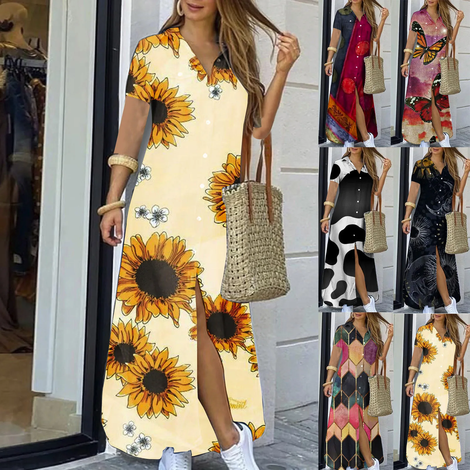 

Womens Loose Maxi Dress Casual Fashion Short Sleeve Split Shirt Print Dress