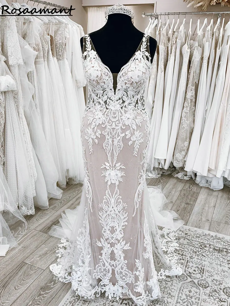 

Real Image V-Neck Illusion Appliques Lace Mermaid Wedding Dresses Open Back Sleeveless Vestidos De Novia Beach Bride Gowns