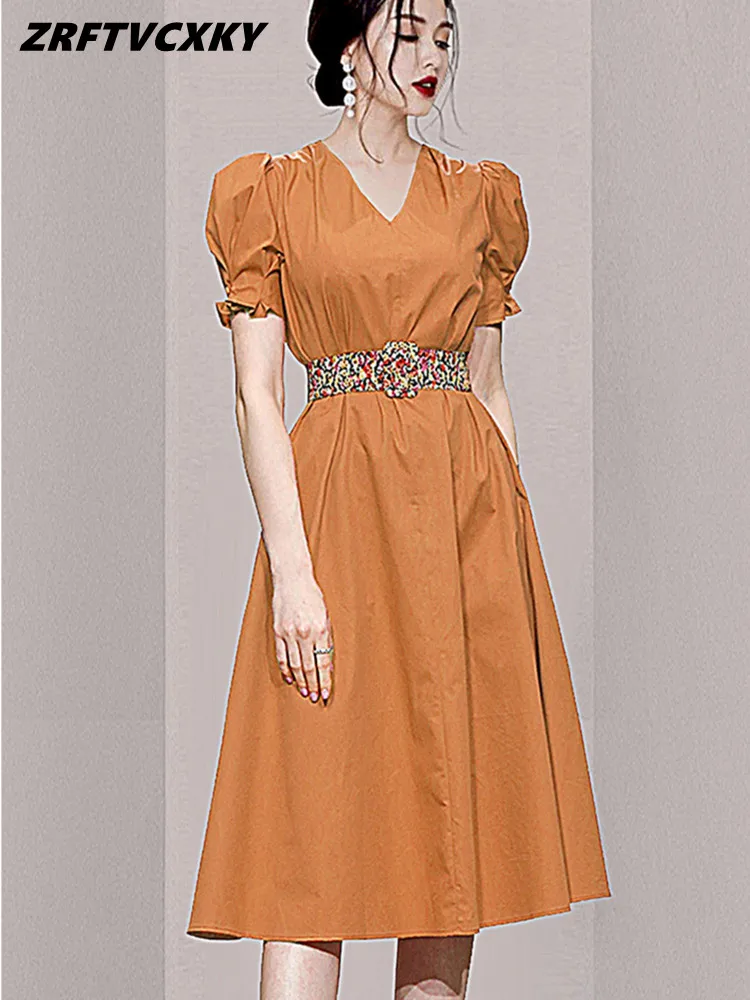 

ZRFTVCXKY New Summer Fashion Puff Sleeve Dresses Women Korean Runway Elegant V-Collar Casual A-Line Dress Ladies Simple Vestidos