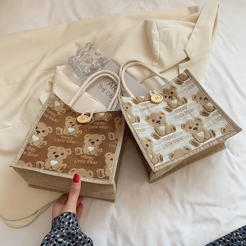 

Women Cute Bear Pattern Shoulder Bag Flax Girl Student Handbag Outdoor Handbag Casual Lunch Bag Underarm Bag