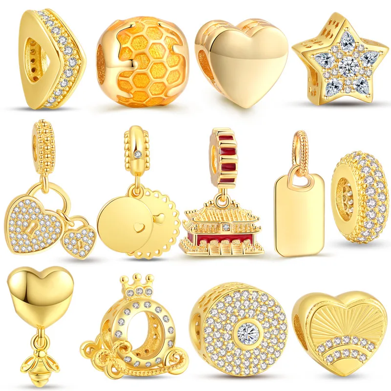 

925 Sterling Silver 14K gold Diy Charms Bead Heart zircon design bangles heart Fit Original Pandora Bracelet Women DIY Jewelry