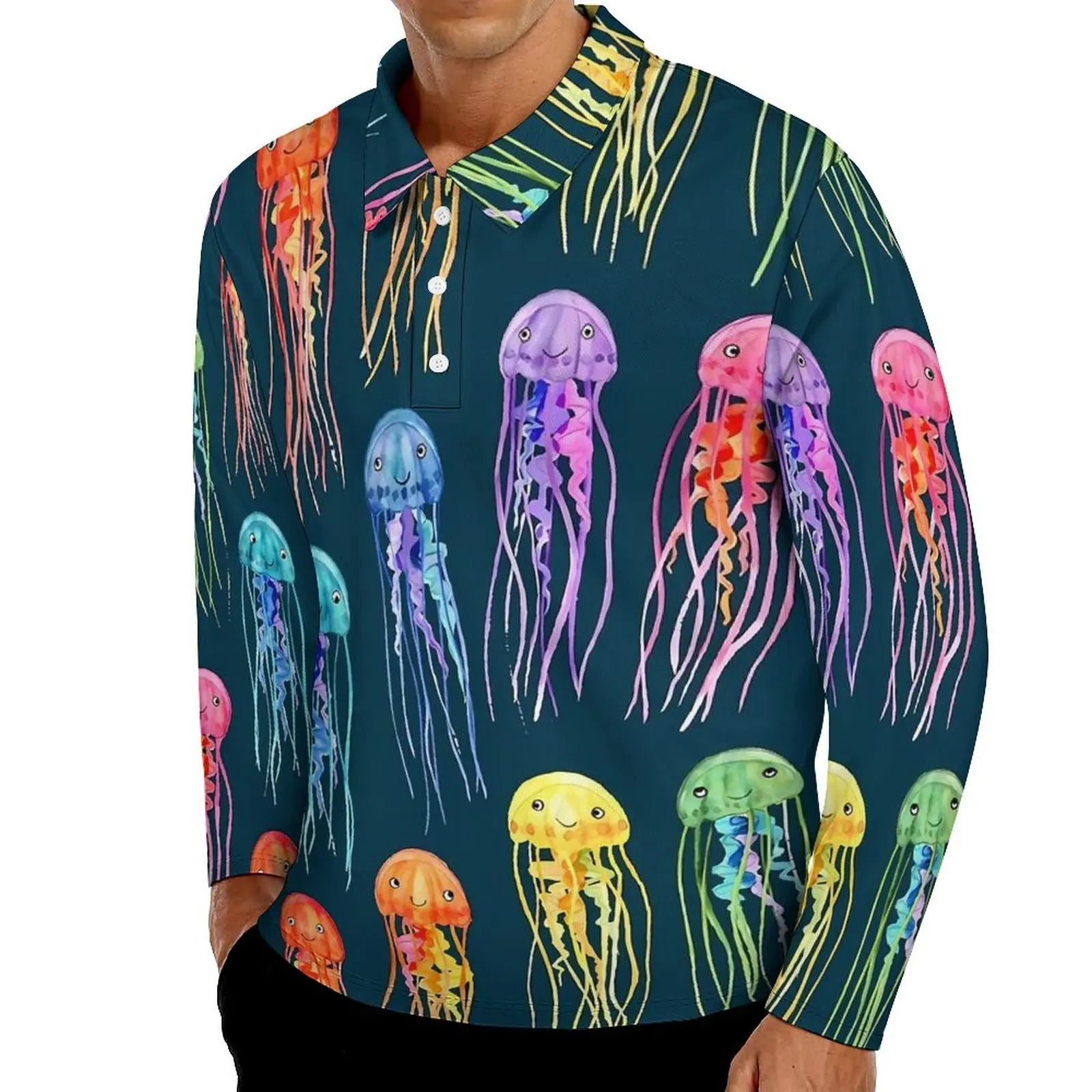 

Watercolor Jellies Polo Shirts Spring Rainbow Jellyfish Casual Shirt Long Sleeve Collar Aesthetic Graphic Oversized T-Shirts