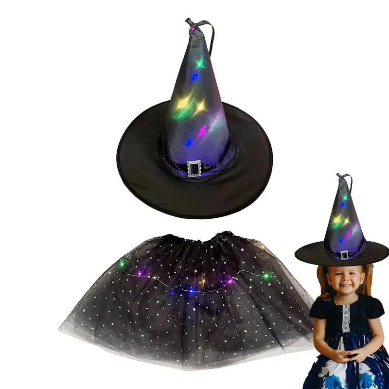 

Kids Girls Adult Women LED Glow Light Up Witch Hat Cobweb Spider Web Skirt Wizard Party Costume Halloween