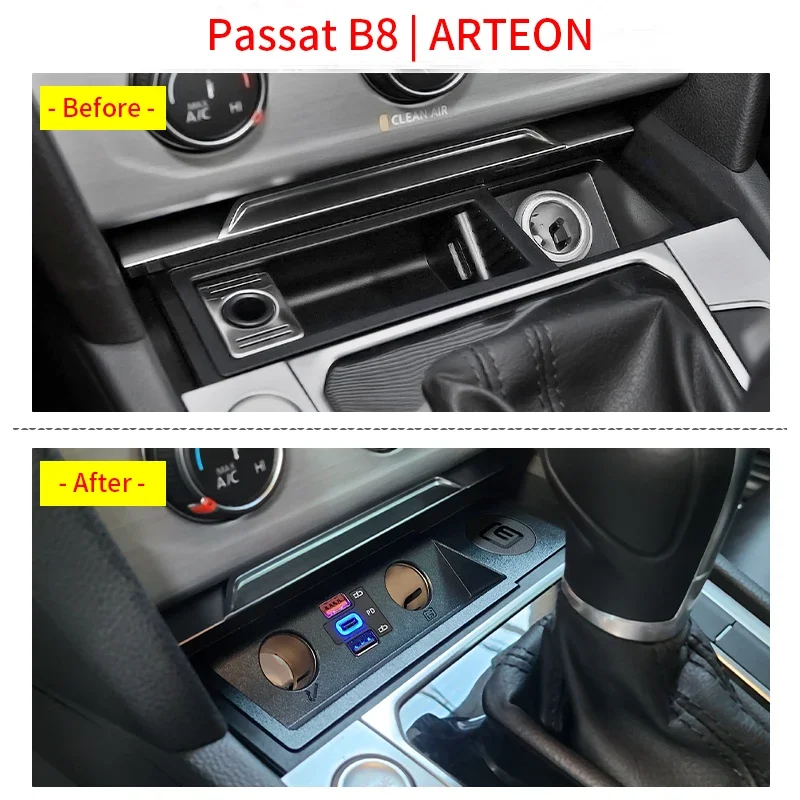 

Автомобильное зарядное устройство для Volkswagen Passat B8/ARTEON, быстрая зарядка прикуривателя, двойной USB и Type-C PD3.0 2.0 для телефона iPhone Xiaomi