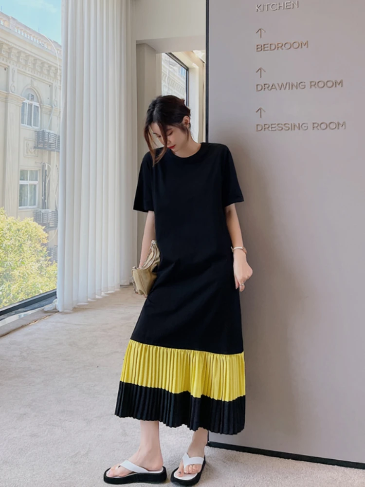 

Dress 2022 Summer Korea Short Sleeve Woman Dress Elegant Slim Fit Vestidos Robe Striped Patchwork Long Dress Casual Dresses
