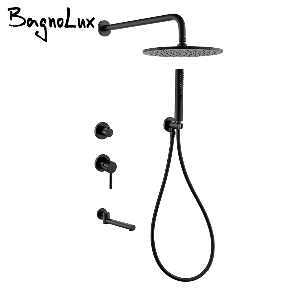 Bagnolux Brass Matte Black Wall Embed Mount 3-Function Concealed Shower System 10 Inch Top Rain Spray Bathroom Faucet