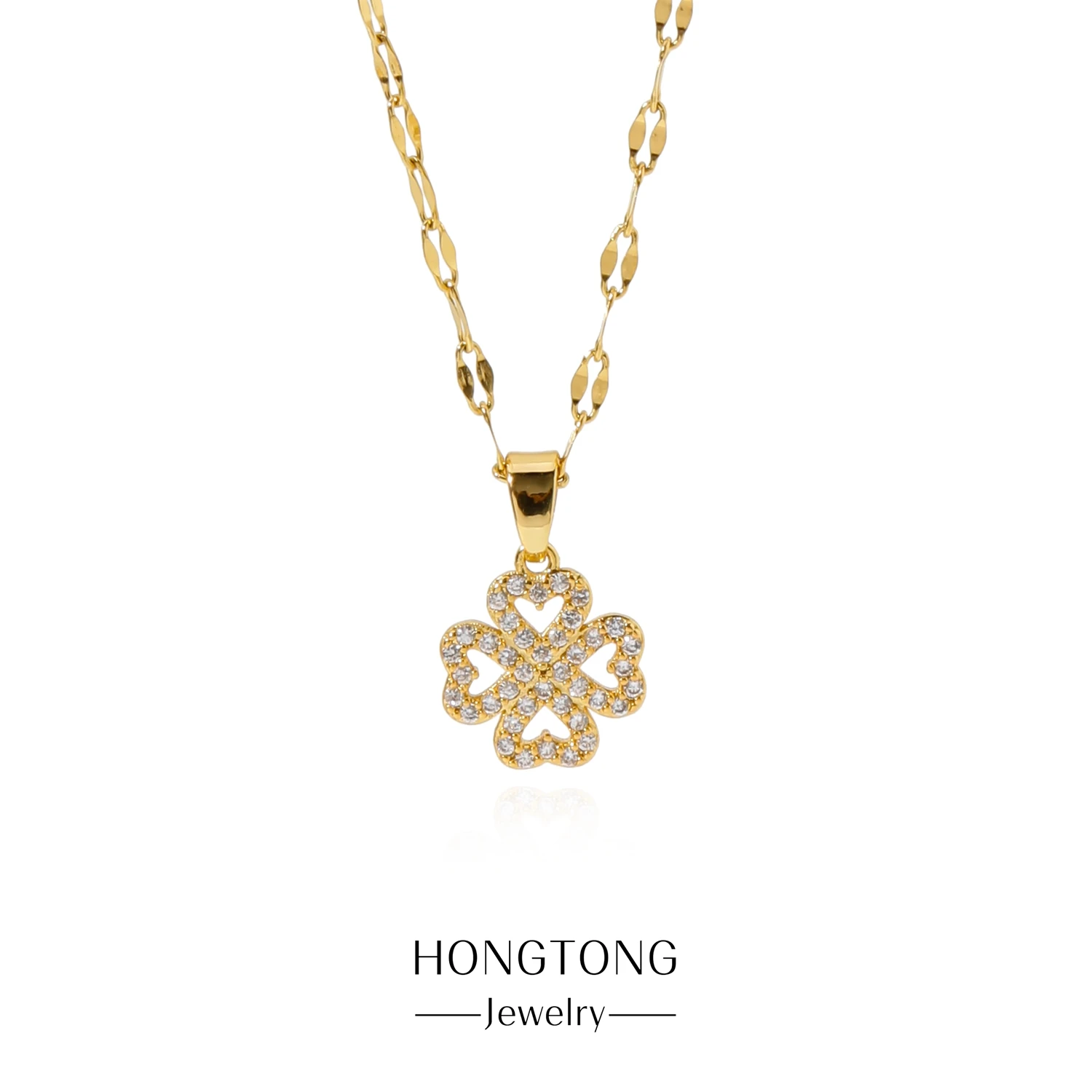 

HONGTONG Microinlaid Zircon Flower Heart To Heart Pendant Small Fresh 18K Gold Plated Stainless Temperament Super Fairy Necklace