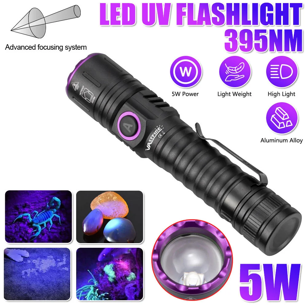 

Высокомощный УФ 395/365 нм USB перезаряжаемый фонарик для кошек, собак, мочи, руды, денег, скорпиона, флуоресцентный маркер, ...