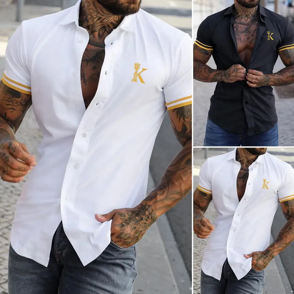 

Crown Letter K Print Youthful Men Casual Button-up Cardigan Top Anti-Pilling Men Top Lightweight Male Clothing