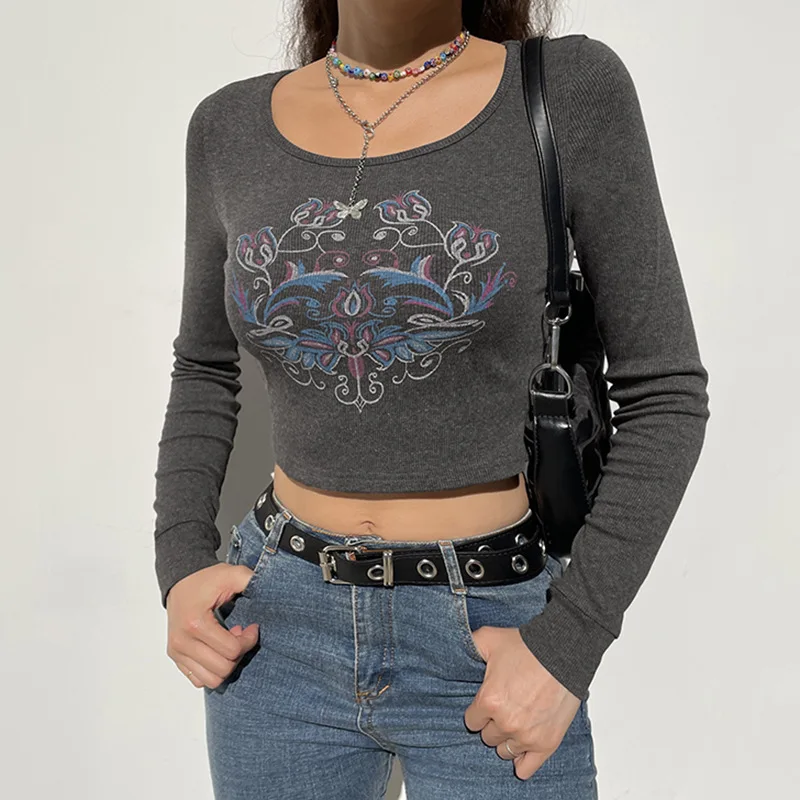 

Vintage Graphic Crop Top Long Sleeve Y2K T Shirt Women Harajuku Grunge Fairycore Tee Shirt Grey Crewneck Aesthetic Top