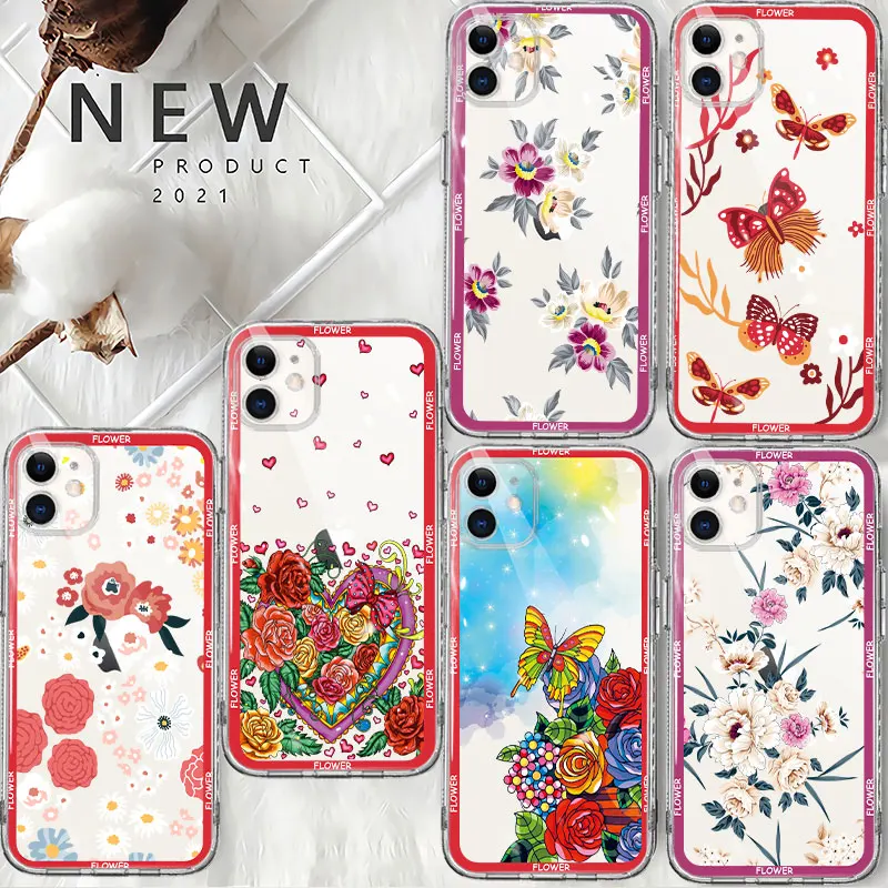 

Red Flower Rose Love Butterfly Clear Case For iPhone 14 13 12 11 Pro Max 13 12 Mini XS Max XR X 7 8 6 6S Plus Transparent Cover