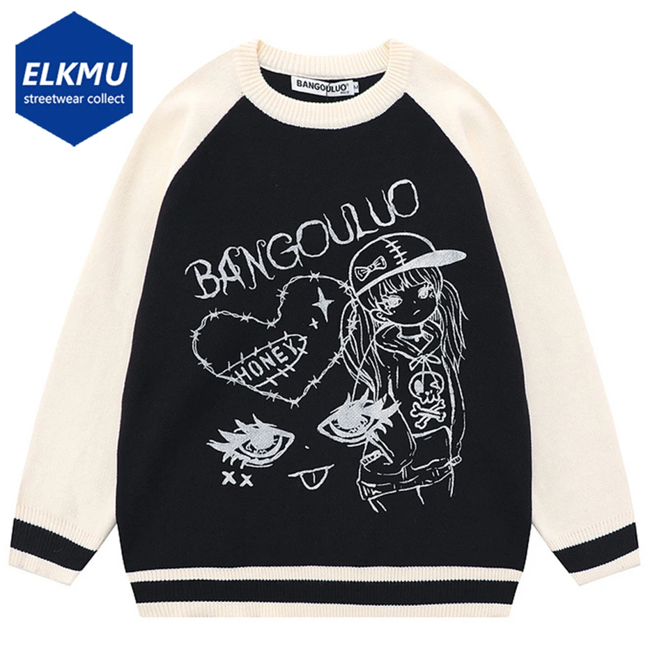 

Y2K Anime Sweaters Oversized Knitted Pullovers Men Fall Winter Streetwear Harajuku Sweaters for Male Beige Loose Hip Hop Sweater