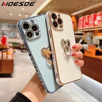 plating love heart ring holder silicone case for iphone 13 pro max 12 11 xs max xr x 8 7 plus se 2022 shockproof hand back cover