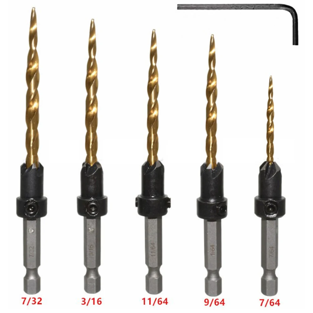 

Countersink Drill Bit Set HSS Titanium Coated 1/4 Hex Shank Taper Drill Woodworking Chamfer Wood Metal Hole Cutter Drill Bit Set
