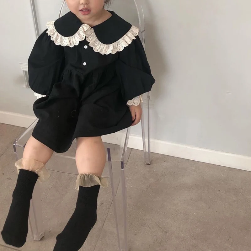 

2022 kids' dresses for girls' lacework patchwork Korean style cute girls long sleeve turn-down collar party princess dresses