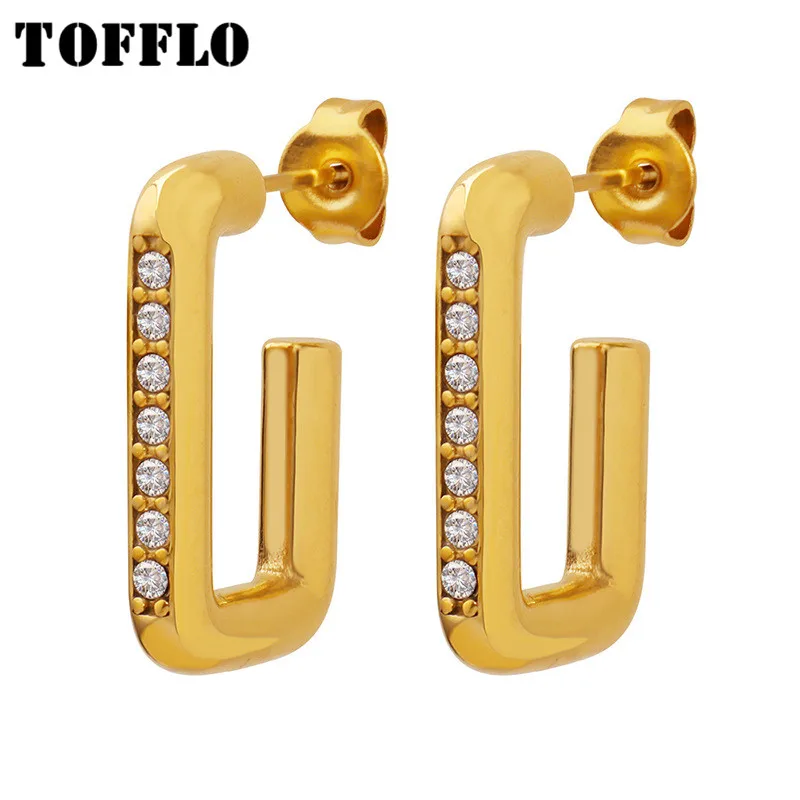 

TOFFLO Stainless Steel Jewelry Zircon Inlaid Loop Earrings Women's Fashion Square Hook Earrings BSF683