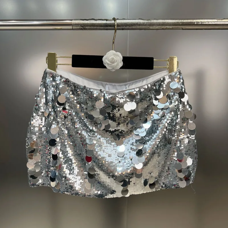 

PREPOMP 2023 Spring Summer New Collection Bright Silver Sequins Dropped Waist Short Mini Skirt Women GH202