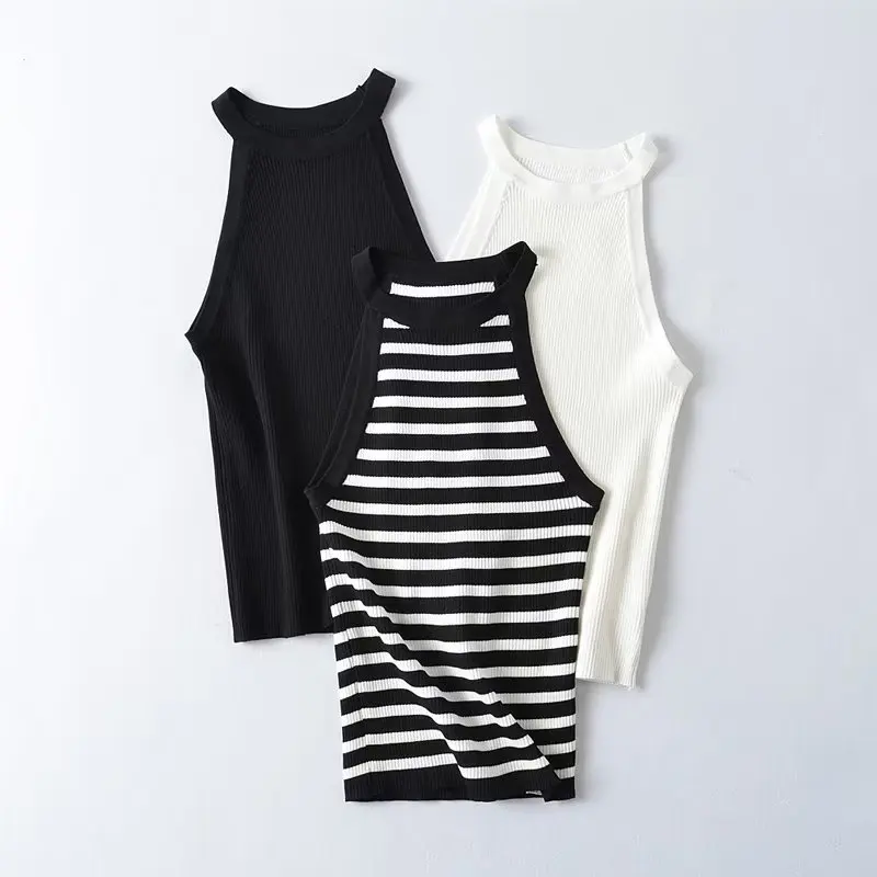 

Knit Halter Top Women Casual Stripe Sleeveless Round Neck Tank Top Chic Lady Female Clothing 2023 Spring Summer New