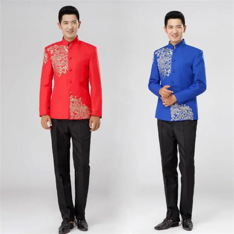 Formal dress embroidered chinese tunic men suits designs homme terno costumes for singers men blazer dance jacket style blue red