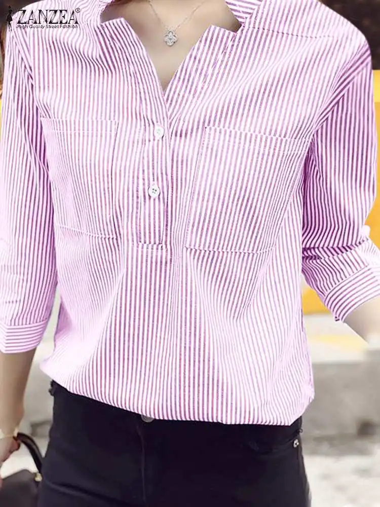 

Стильная летняя блузка ZANZEA с V-образным вырезом и рукавом 3/4, женская рубашка в полоску, элегантные офисные топы, Женская туника, блузка, руба...