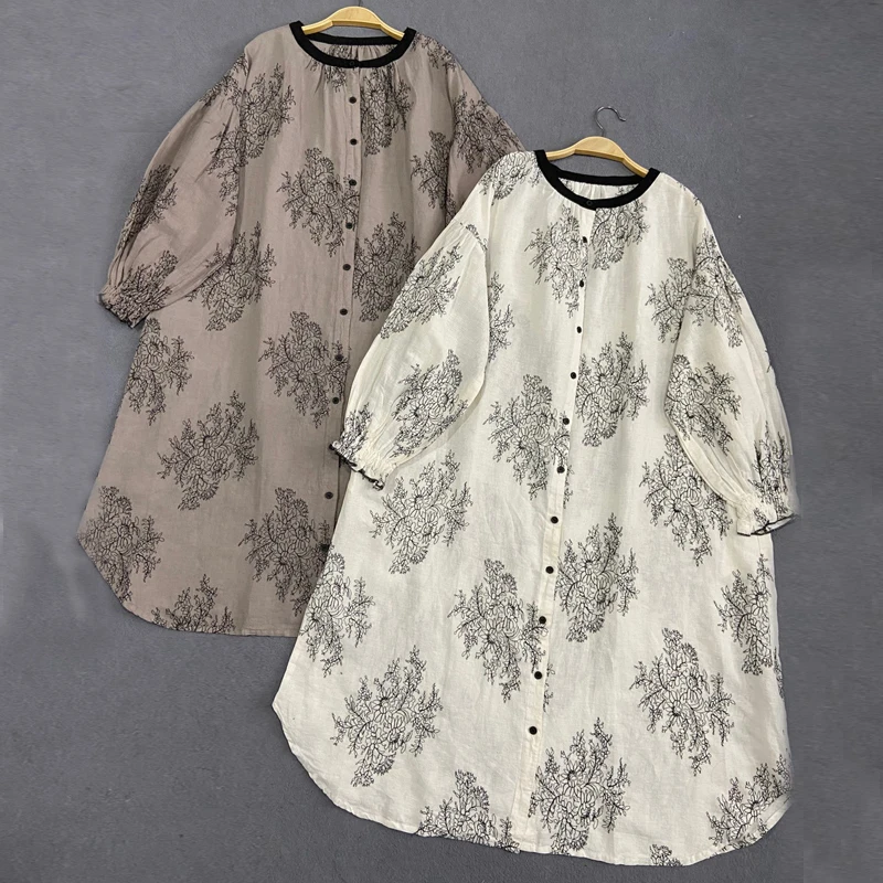 

Johnature New Embroidery Floral Linen O-neck Shirt Dresses For Women 2023 Japanese Vintage Loose Single-breasted Female Dresses