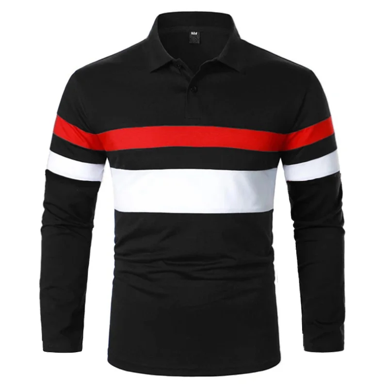 

New Men's Spring and Autumn Chest Two-color Stitching Long-sleeved Lapel T-shirt Thin European Size Long-sleeved Polo Shirt