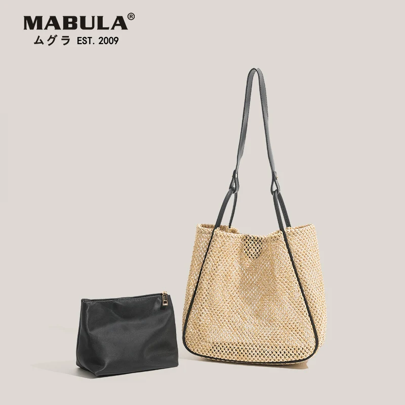 MABULA 2Pcs Set Straw Woven Beach Hobo Underarm Purses Elegant Summer Handwoven Bucket Handbags with Clutch Bag
