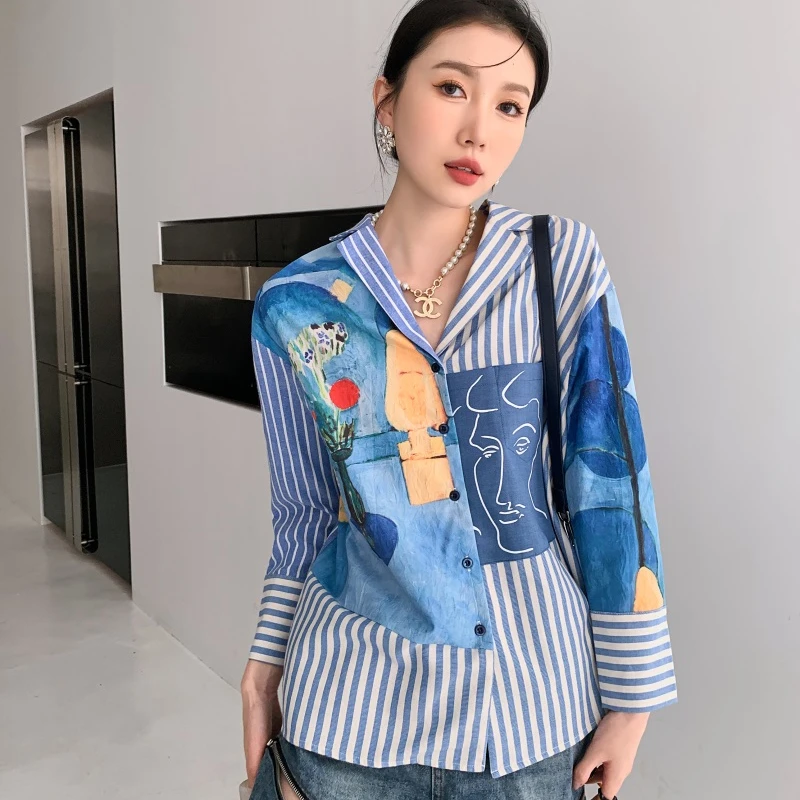 

ZCSMLL Весенняя Новая Винтажная Асимметричная рубашка в полоску с рисунком масляной живописи женская рубашка с длинным рукавом корейская мода 2022
