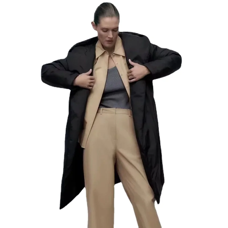 New Hooded Cotton Coat Autumn Winter Simple and Fashion Womens Dress Temperament Lace Up Medium Length Cotton Coat Women