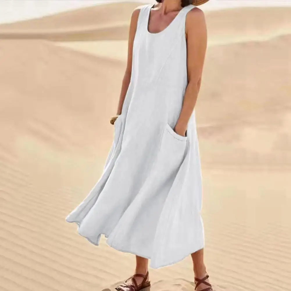 

Женское летнее платье с глубоким V-образным вырезом, однотонное свободное платье без рукавов с большим подолом, пляжное макси-платье на бретелях с карманами, женская одежда